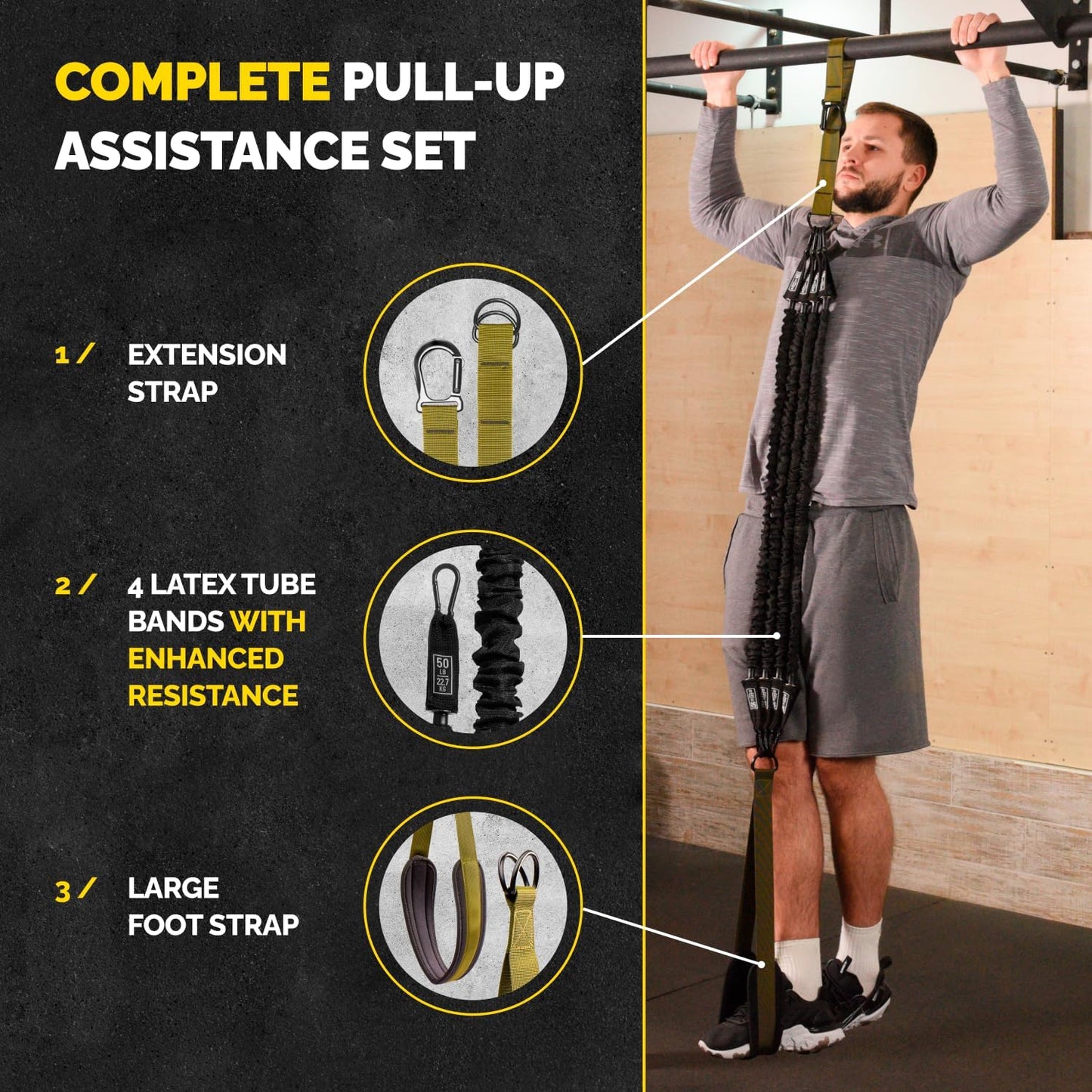 Pull Up Assistance Bands Set with 4 Levels, Adjustable Strap and Foot Rest | 50–200 lb stackable pull-up assistance, nylon-sleeved bands, adjustable support, reduced snap-back risk