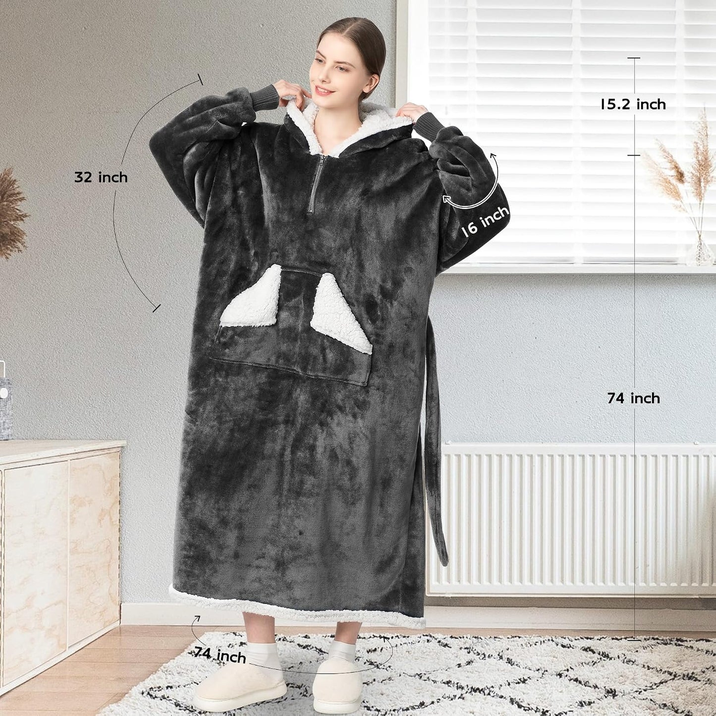 Wearable Blanket Hoodie, Oversized Sherpa Fleece Sweatshirt Blanket with Giant Hood Pocket and Sleeves for Adult, Warm & Cozy Grey Blanket Gifts for Women