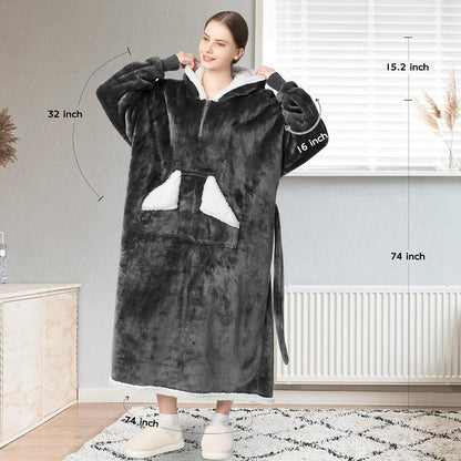 Wearable Blanket Hoodie, Oversized Sherpa Fleece Sweatshirt Blanket with Giant Hood Pocket and Sleeves for Adult, Warm & Cozy Grey Blanket Gifts for Women