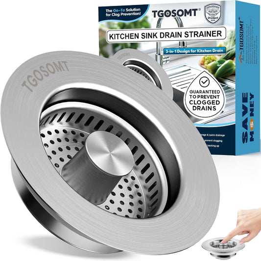 TGOSOMT Kitchen Sink Drain Strainer Stopper, Anti-Clog & Quick Drain | 3-IN-1 Design, Stainless Steel 304, Removable Strainer Basket, Corrosion & Scratch Resistant, Fits US Standard 3-1/2" Drain