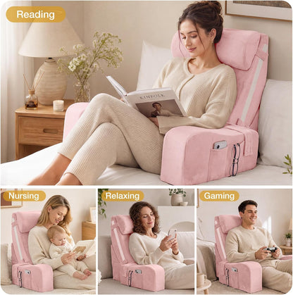 Sasttie 15-25 inch Adjustable Reading Pillow with Armrests, Dark Grey | Back Rest Pillow with Secure Side Straps, Memory Foam Back Support Cushion Bed Chair for Reading, Gaming & Relaxing