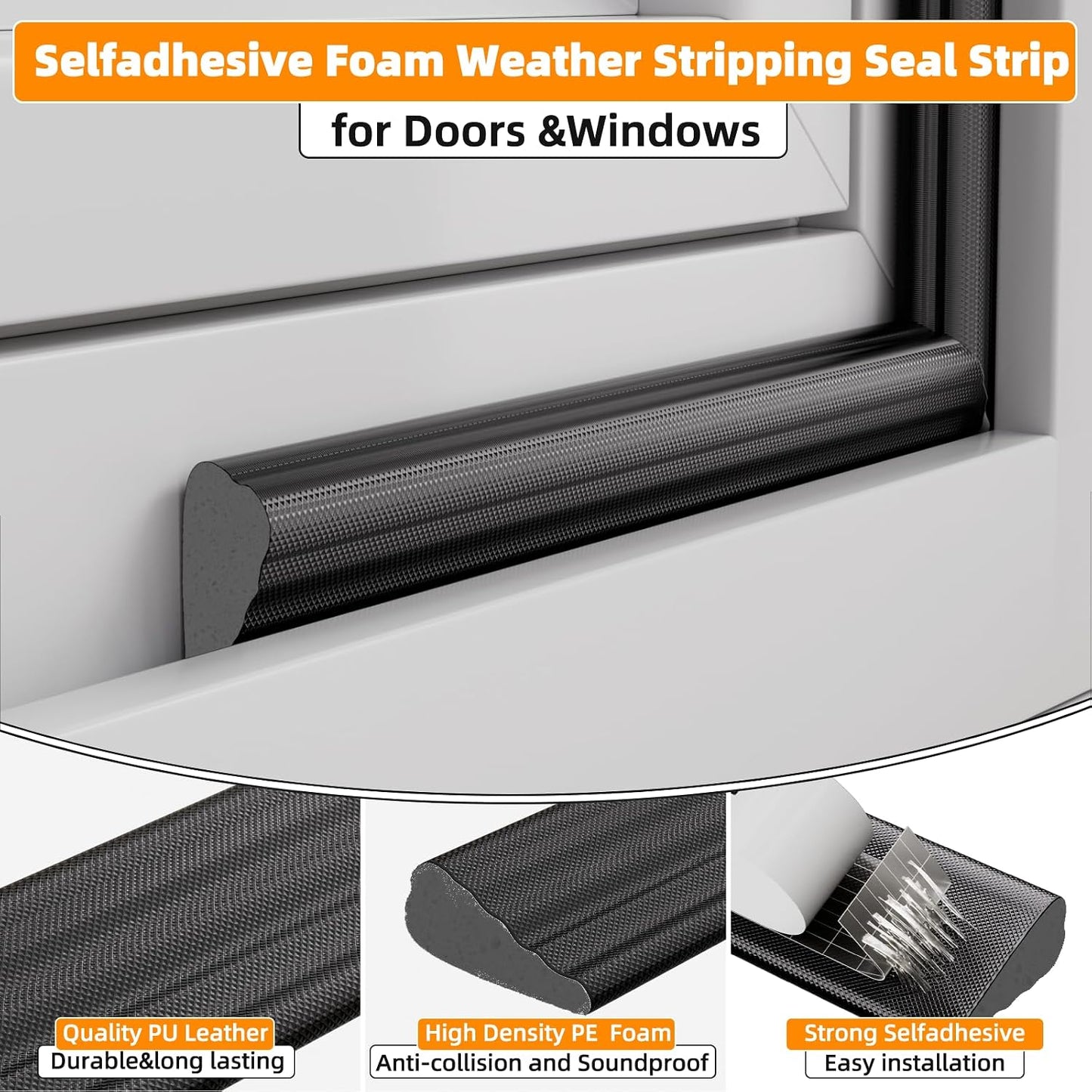 3 Pack*16.4 Ft Self-Adhesive Wedge Foam Window Weather Stripping Door Seal Strip, Soundproof Exterior Front Door Frame Gap Filler, Draft Stopper Foam Tape Noise Light Blocker (Black)