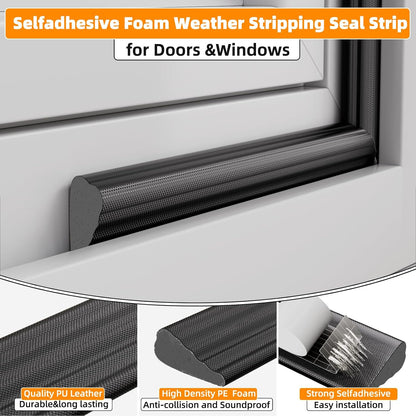 3 Pack*16.4 Ft Self-Adhesive Wedge Foam Window Weather Stripping Door Seal Strip, Soundproof Exterior Front Door Frame Gap Filler, Draft Stopper Foam Tape Noise Light Blocker (Black)