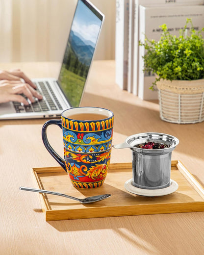 vancasso 18 Oz Tea Infuser Mug with Lid, Mint Petal Whirl | Eye catching Bohemian pattern, adds charm to any tea corner, ceramic mug with infuser, microwave and dishwasher safe