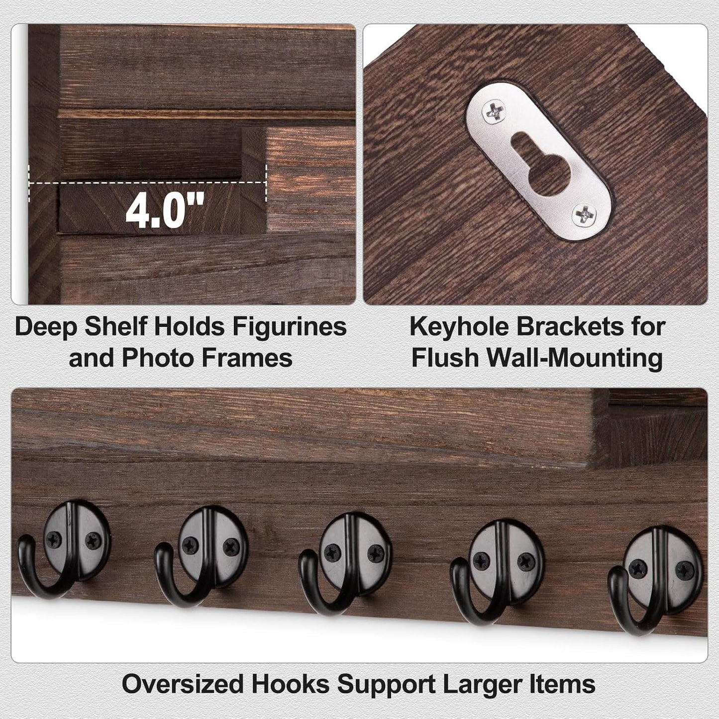 Lwenki Key Holder Wall Mount, Entryway Key and Mail Holder with 7 Sturdy Hooks for Sunglasses, Dog Leash, Decorative Wall Shelf with Mounting Hardware, 15”W x 6.7”H x 4.2”D