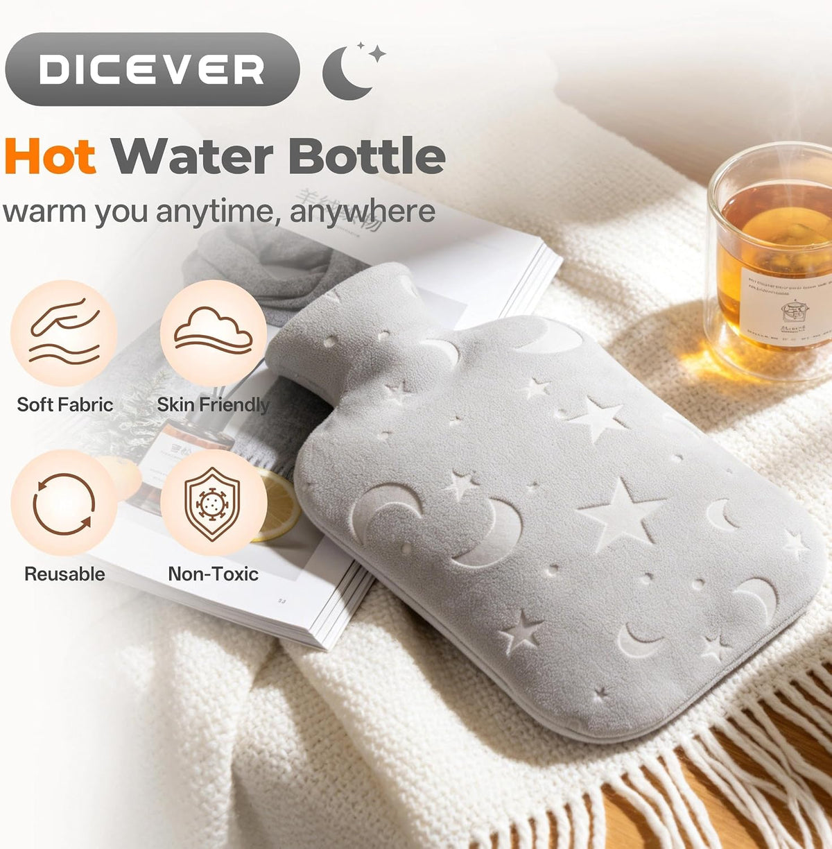 Hot Water Bottle with Soft Cover, 2L Hot Water Bag for Menstrual Cramps, Neck and Shoulder Pain Relief, Hot and Cold Therapies, Hand Feet Warmer, Blue