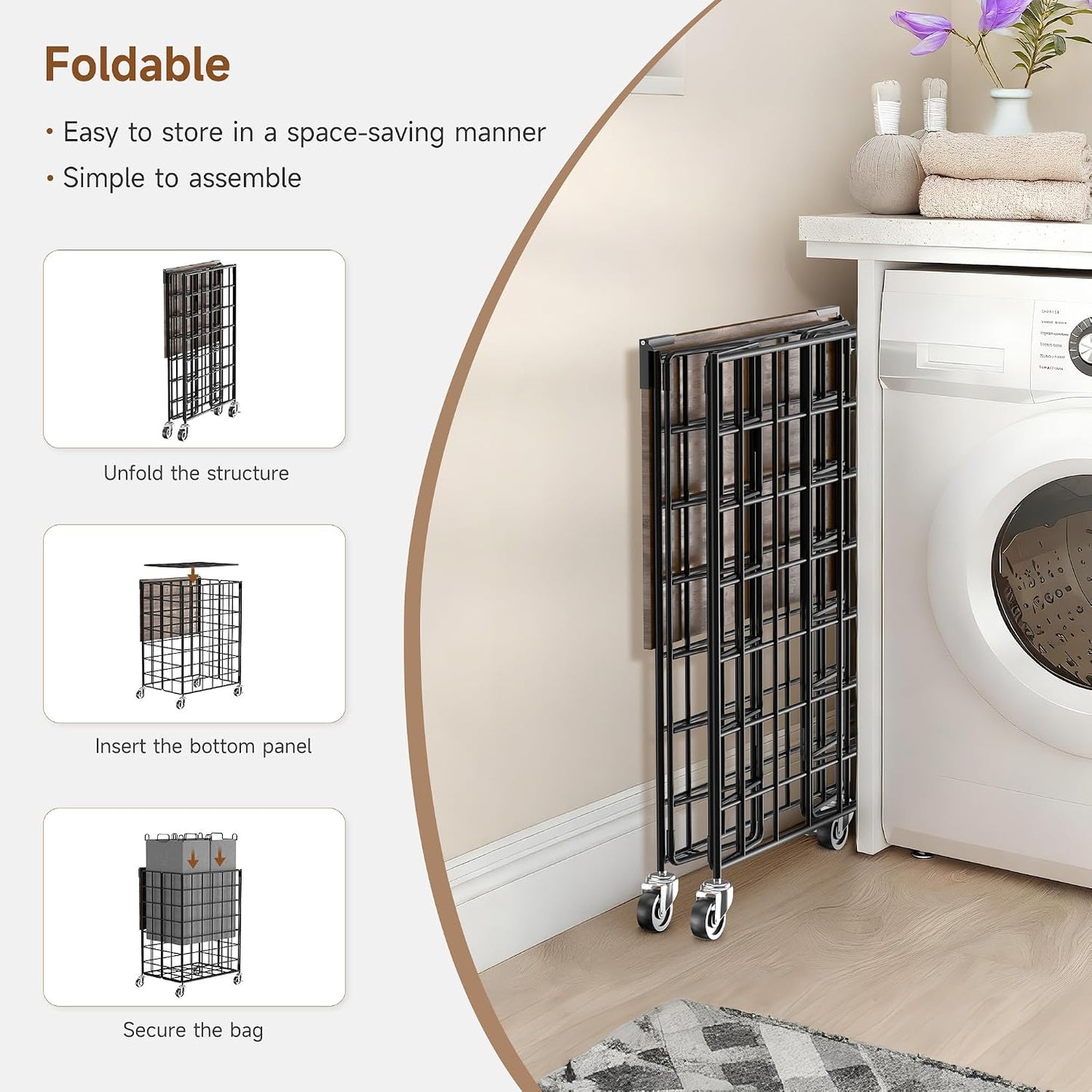 90L Laundry Basket with Wheels, Large Capacity Laundry Hamper with Removable Liner Bags, Heavy Duty Laundry Sorter with Solid Wood Lid & Leather Handles, Grey
