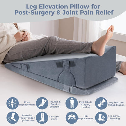 Ganondorf Adjustable Leg Elevation Pillow, Orthopedic Bed Wedge Set for Sleeping, Reading & Sitting Up, High Density Foam Post Surgery Leg Support for Knee, Back & Acid Reflux Relief, Single Leg Gray