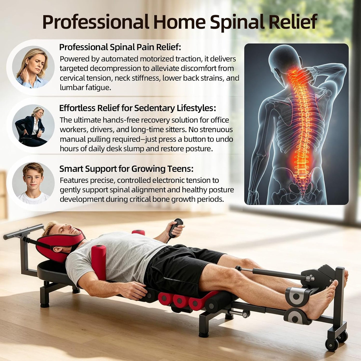 Motorized Spinal Decompression Table - Electric Back Traction Machine for Sciatica & Herniated Disc Relief, Professional Lumbar Stretching Device for Home Physical Therapy & Pain Management
