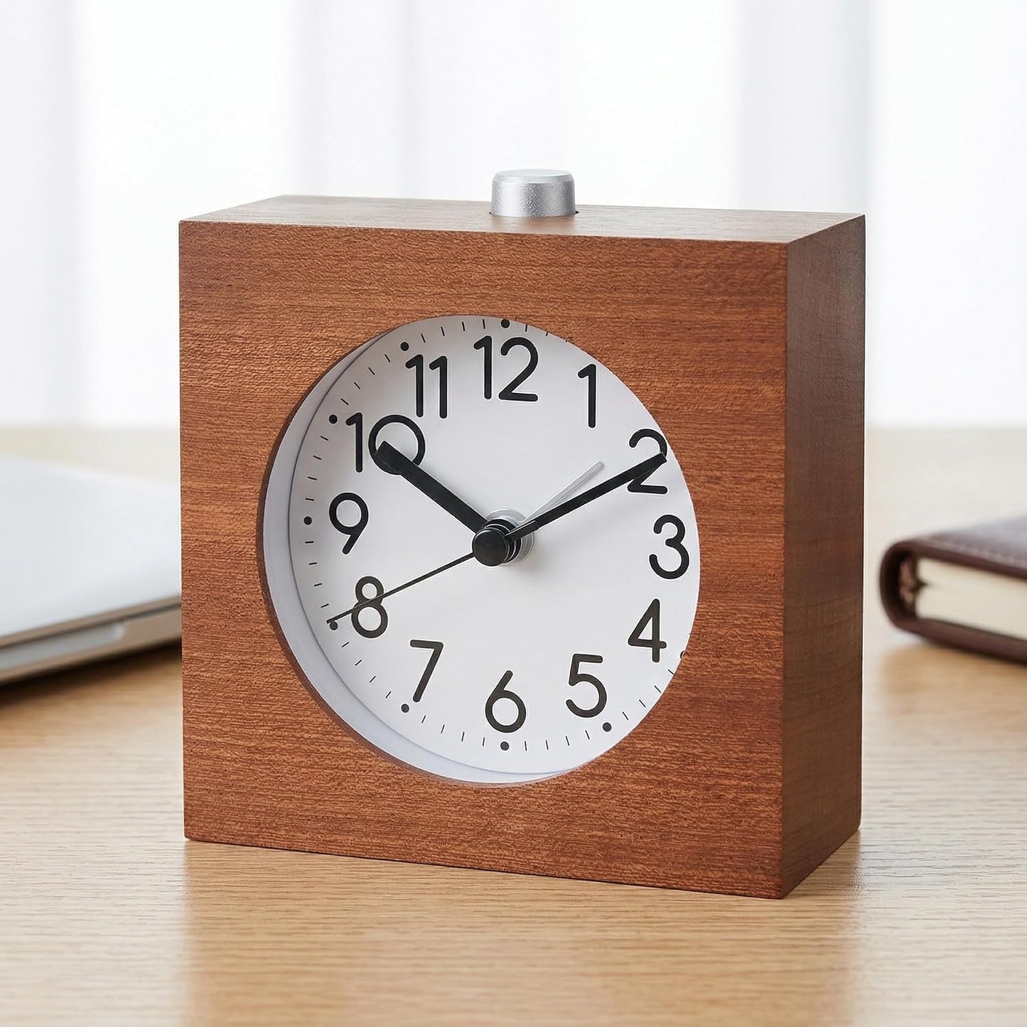 Wooden Analog Alarm Clock Silent Battery Operated with Night Light | Wood Body Non-Ticking for Tabletop Bedroom Bedside Heavy Sleepers Brown