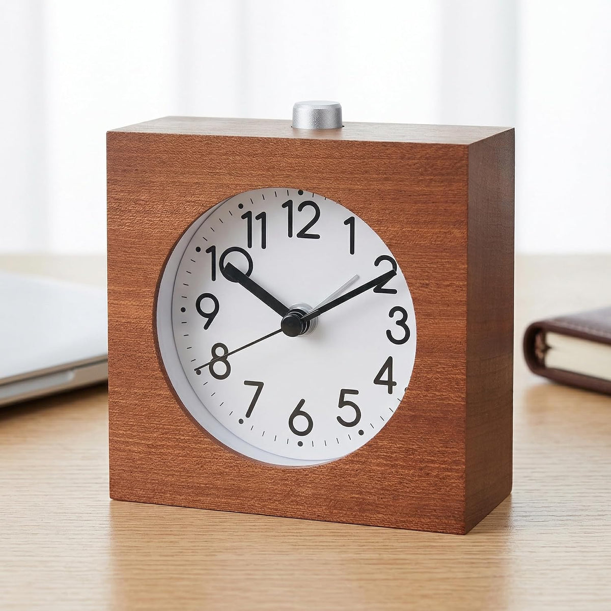 Wooden Analog Alarm Clock Silent Battery Operated with Night Light