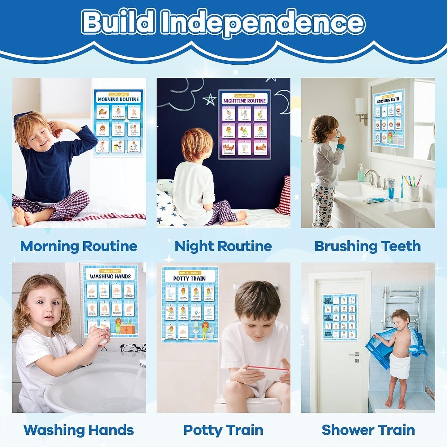 6 PCS Daily Step Visual Schedules Night and Morning Routine Chart for Kids Laminated Children Self Care Chart Visual Guide for Children Special Needs and Autism Promotes Independent Hygiene Routine