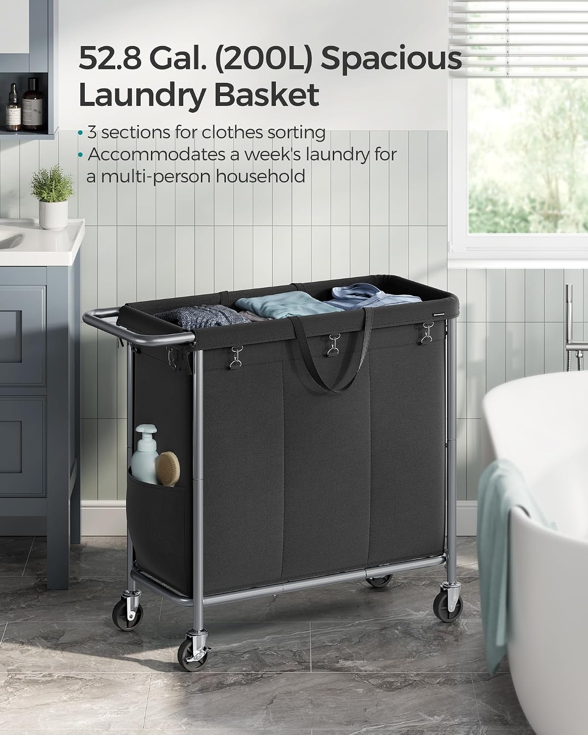 SONGMICS Laundry Basket with Wheels, 4-Section Rolling Laundry Hamper, 68.6 Gallons (260 L), Removable Liner, Steel Frame with Handle, 43.3 x 15.4 x 31.9 Inches, Cream White URLS014W01
