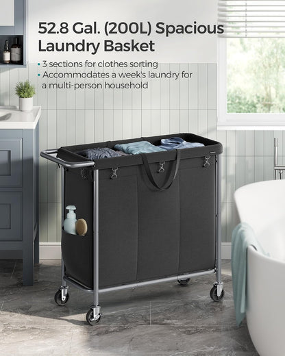 SONGMICS Laundry Basket with Wheels, 4-Section Rolling Laundry Hamper, 68.6 Gallons (260 L), Removable Liner, Steel Frame with Handle, 43.3 x 15.4 x 31.9 Inches, Cream White URLS014W01