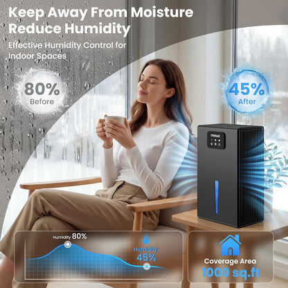 Dehumidifier, 1000 sq.ft Dehumidifiers for Home Bedroom Bathroom Basement with 95oz Water Tank, Sleep Mode, Auto Shut-Off 7 Colors LED Light, Grey