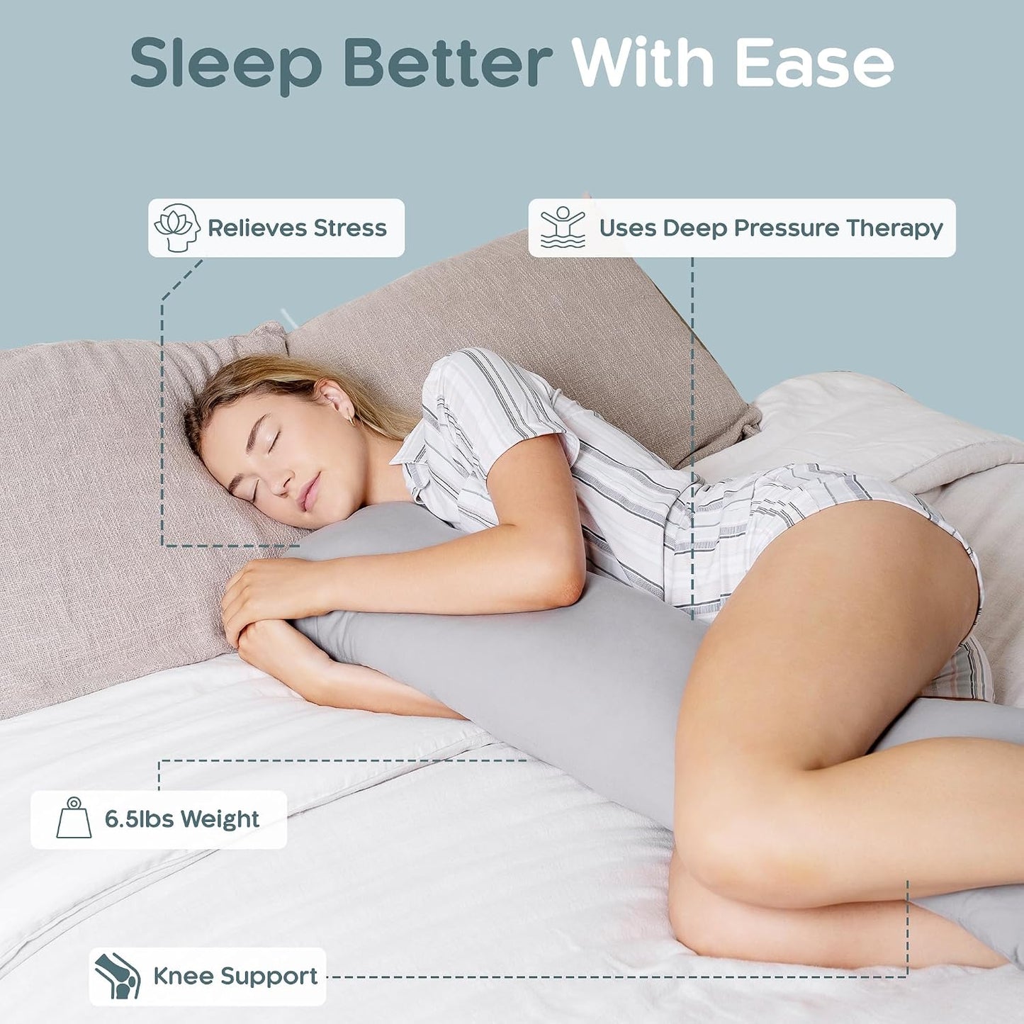 Weighted Body Pillow 6.5lbs, Cooling Tencel Cover, 41” x 10” | Calming Weighted Comfort, Breathable Cooling Cover, Machine Washable, Made for Side Sleepers, 12 Month Warranty