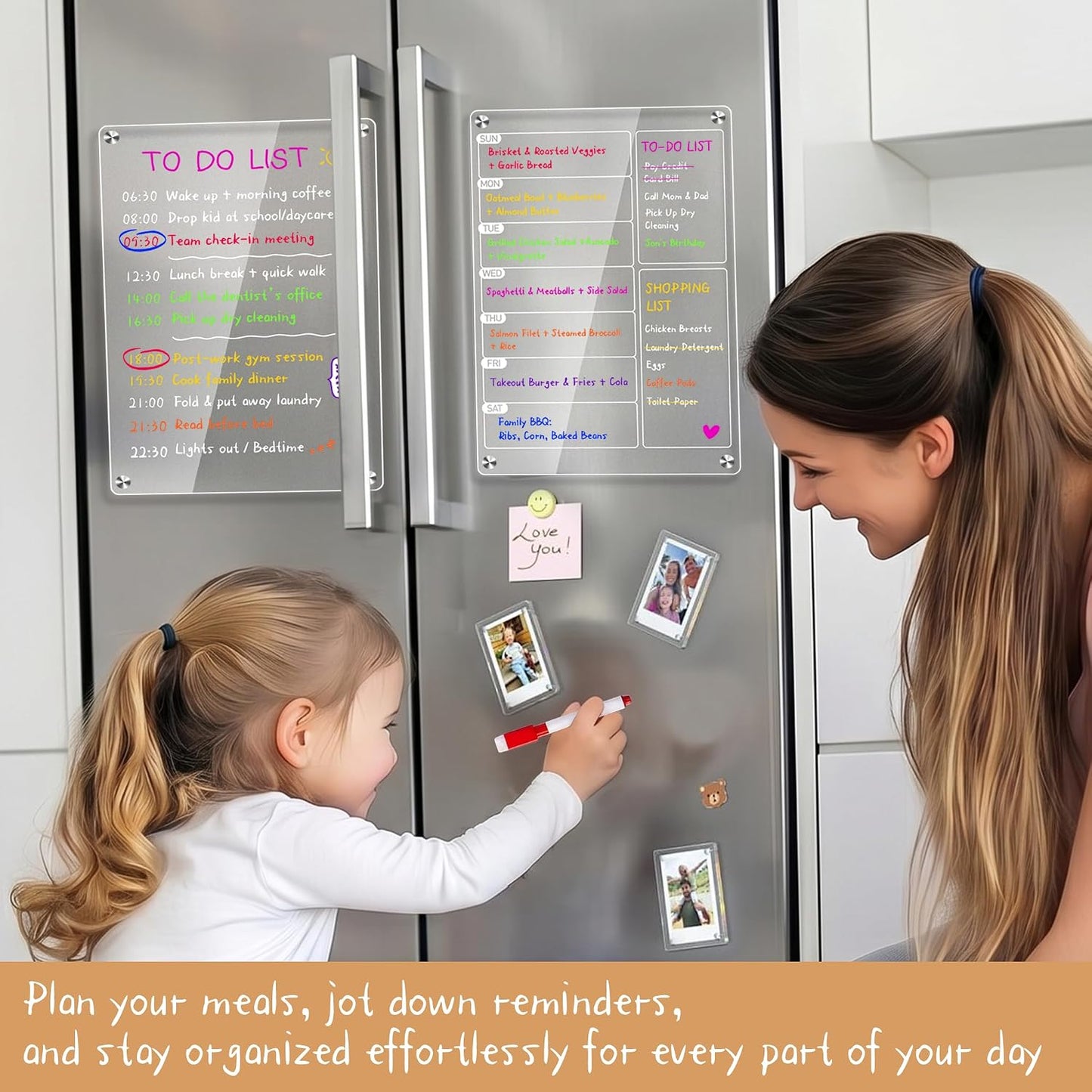 2 Pack Acrylic Magnetic Meal Planner for Fridge, Weekly Planner&Menu Board | With 8 Markers & 1 Towel, Magnetic Weekly Calendar For Fridge, To Do, Grocery & Chore Chart, Organization For Kitchen, White