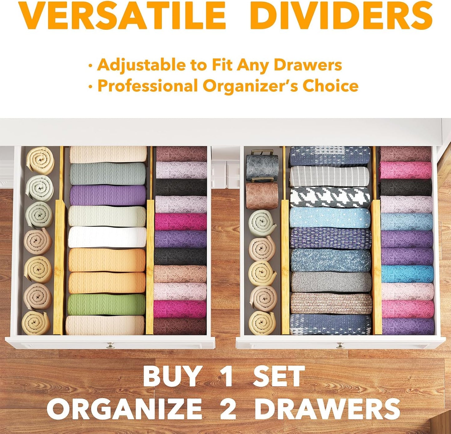 SpaceAid Bamboo 4 Pack Dresser Drawer Dividers, 4.65“ High Adjustable 12.5“-17” Drawer Organizers, Expandable Organization for Clothing, Clothes, Dressers, Black