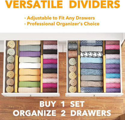 SpaceAid Bamboo 4 Pack Dresser Drawer Dividers, 4.65“ High Adjustable 12.5“-17” Drawer Organizers, Expandable Organization for Clothing, Clothes, Dressers, Black