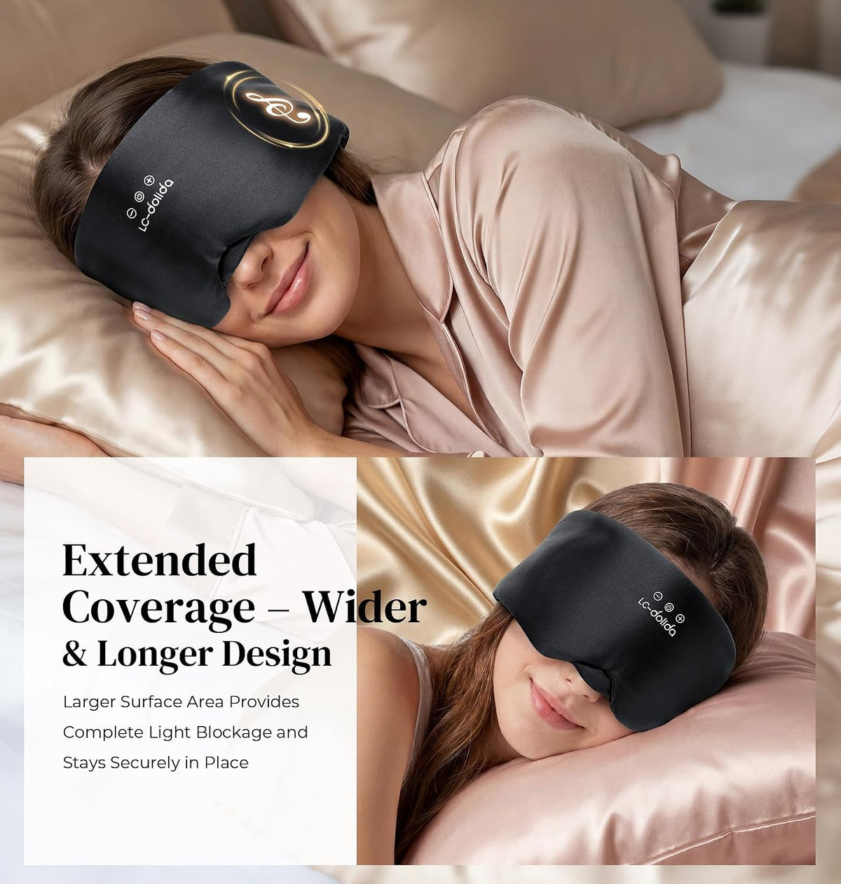 LC-dolida 3D Silk Bluetooth Sleep Mask, Mulberry Silk Sleep Mask with Bluetooth Headphones, Bluetooth Eye Sleep Mask for Side Sleepers, Total Blackout Bluetooth Eye Mask for Women Men, Black