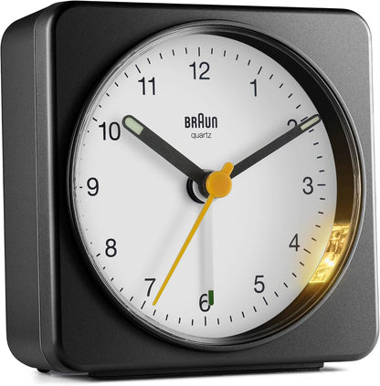 Braun Classic Analogue Alarm Clock with Snooze and Light, Quiet Quartz Sweeping Movement, Crescendo Beep Alarm in White, Model BC03W.