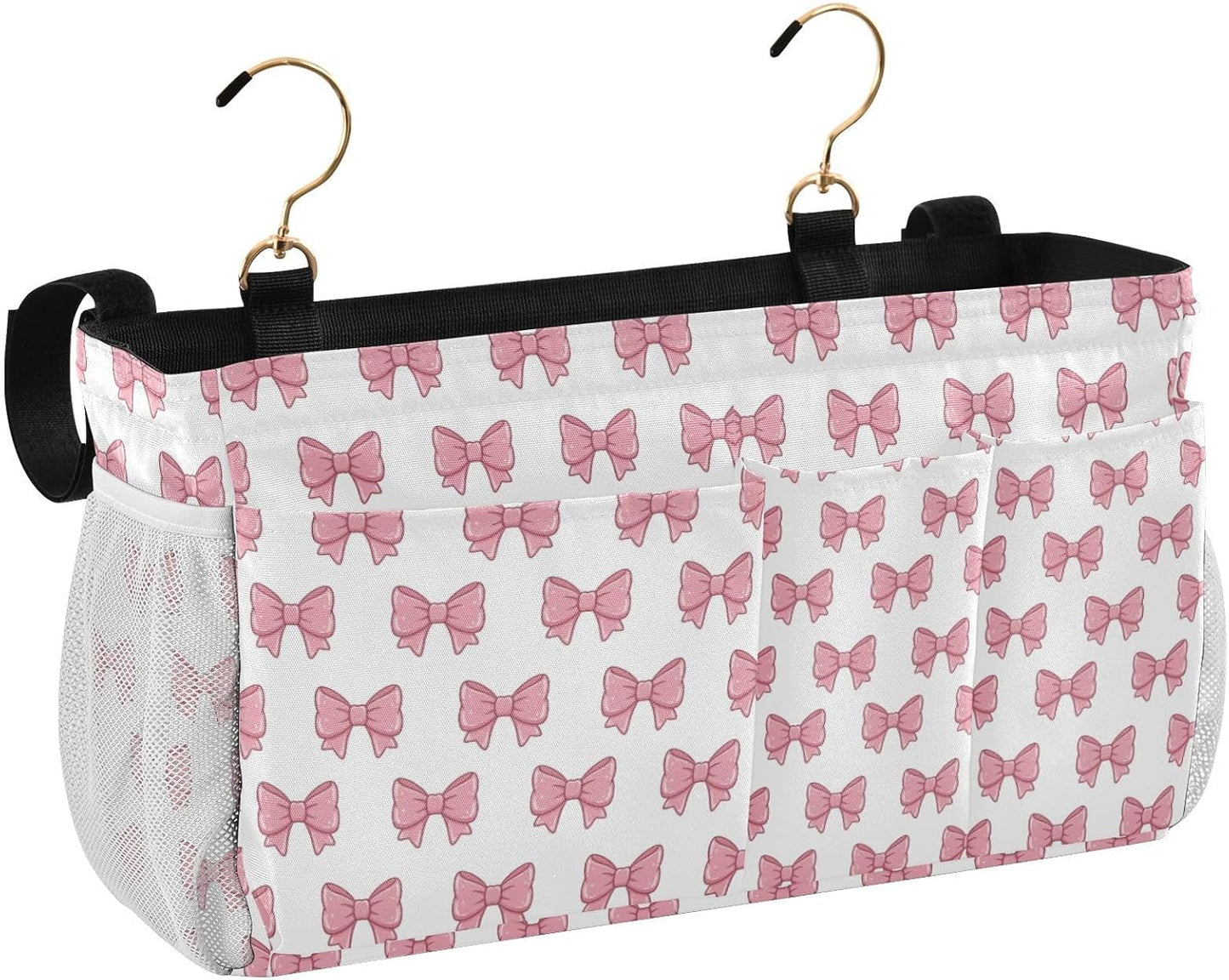 Bedside Caddy Hanging Storage Bag Pink Bows Bedside Organizer Caddy for Bunk, Dorm Room, Hospital Beds - Place Magazines / Remotes / Keys