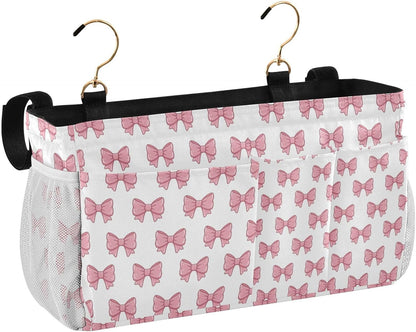 Bedside Caddy Hanging Storage Bag Pink Bows Bedside Organizer Caddy for Bunk, Dorm Room, Hospital Beds - Place Magazines / Remotes / Keys