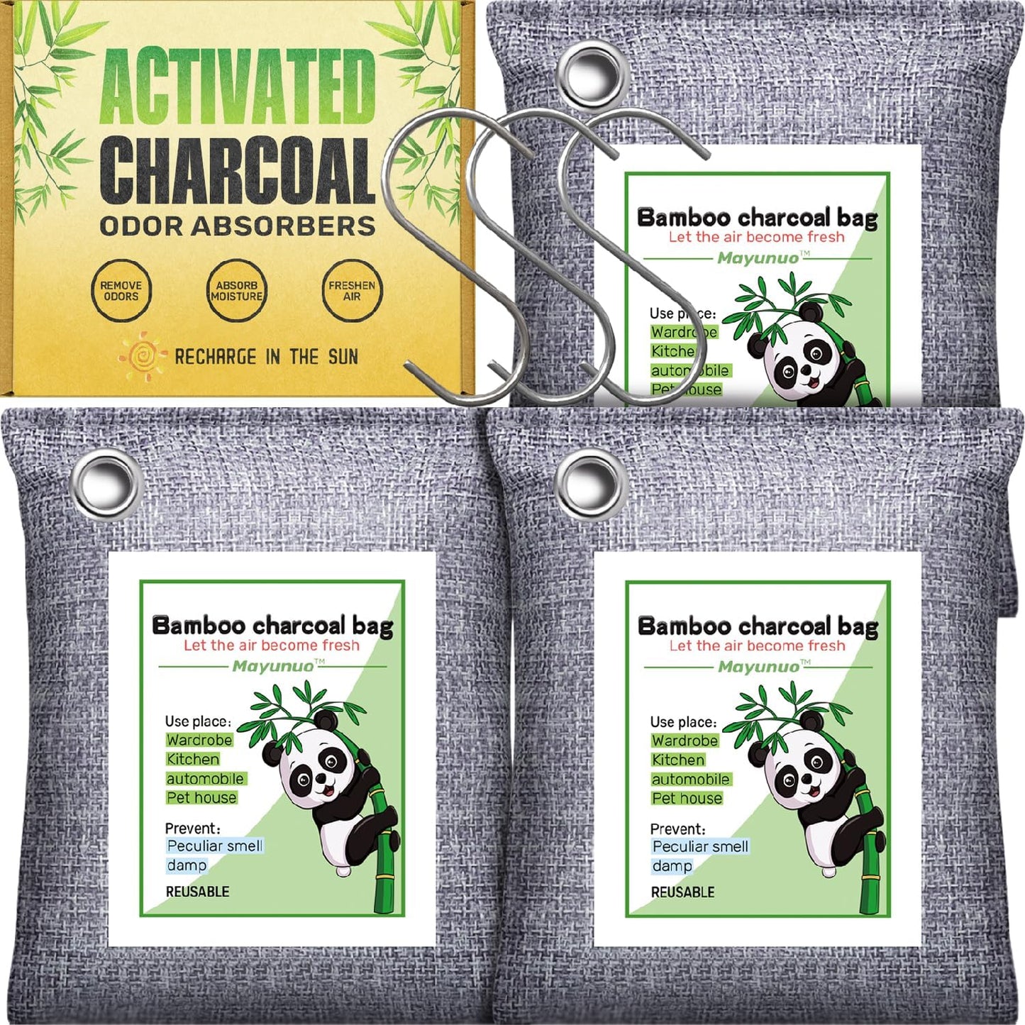 Activated Charcoal Odor Absorber Deodorizer Odor Eliminator for Strong Odor | Home, Basement, Closets, Shoes, Smoke, Car Air Freshener. 3 Pack Nature Bamboo Charcoal Air Purifying Bags