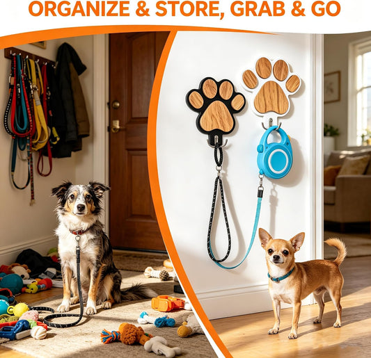 2PC 3D Wooden Dog Paw Leash Holder for Wall, Set of 2 Rustic Dog Harness & Key Organizer, Decorative Pet Paw Hooks for Leashes, Collars & Coats, Ideal Pet Lover Gift for Entryway & Mudroom