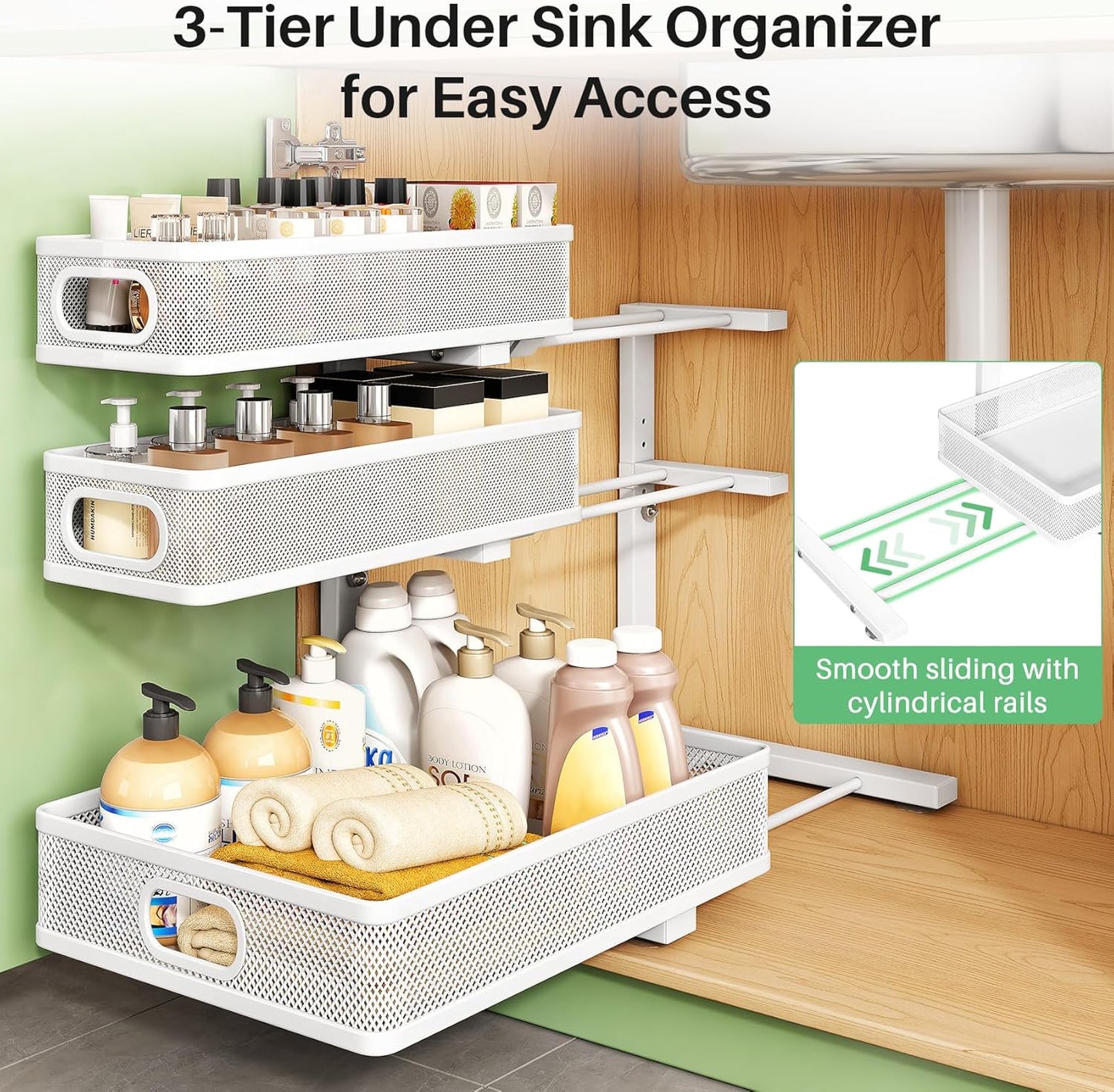 Kitstorack Under Sink Organizer, 2-Pack 3-Tier Height Adjustable Thickened Metal Pull out Cabinet Organizer Shelf, Slide out Storage Drawer Rack for Bathroom Kitchen Pantry Home Laundry Organization