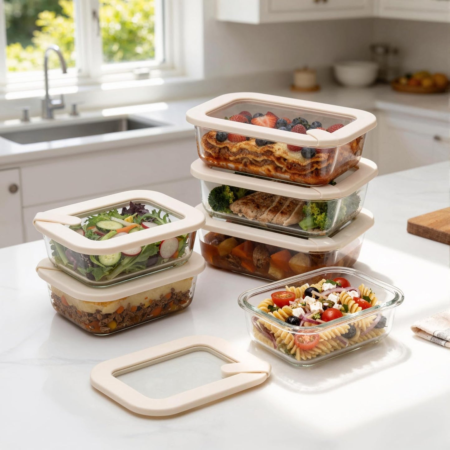 Glass Food Storage Containers with Glass Lids, Microwave Safe Food Container Set, Aitight Meal Prep Container Set, BPA Free, 2 extra Colanders, LeakProof, 2 Pack of 60oz