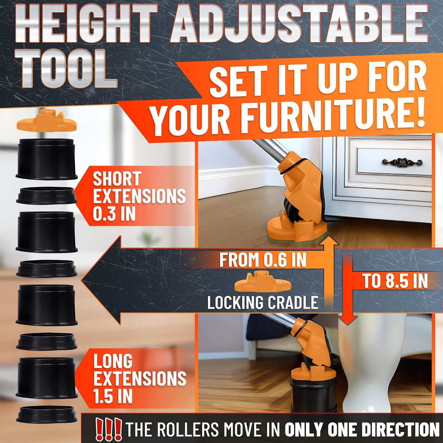 660 lb Furniture Movers with Wheels for Heavy Items (Red) | Heavy Duty Furniture Lifter Tool with 4 Sliders & 13" Lever for Hardwood, Tile & Laminate; Move Sofas, Beds & Refrigerators