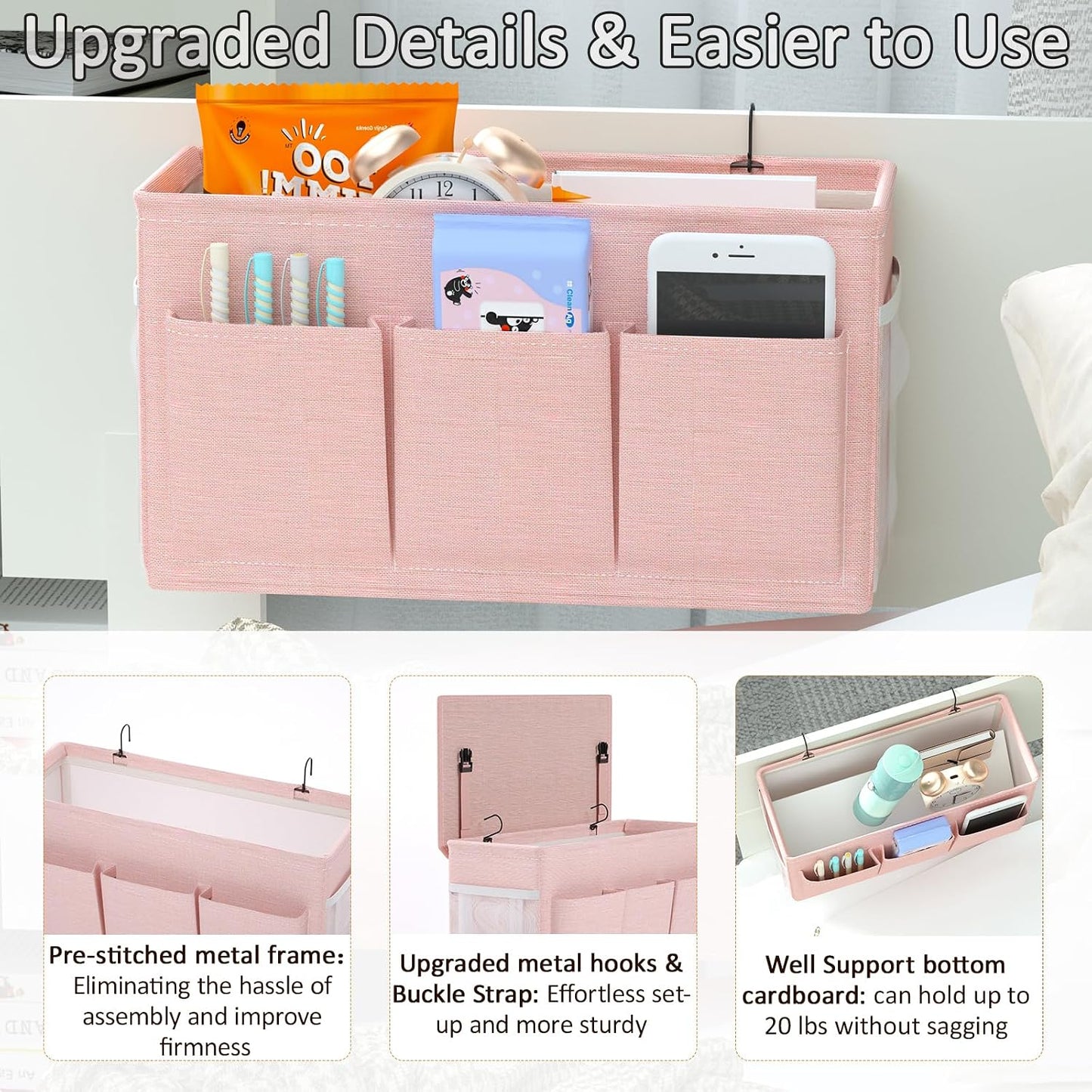 Bedside Caddy Bedside Storage Hanging Organizer for Bunk Dorm Bed Rail | Bed Caddy with Hooks, Top Bunks and Dorm Essentials for Water, Tissues, Tablets, Books, Phones, Remotes and Other Necessories