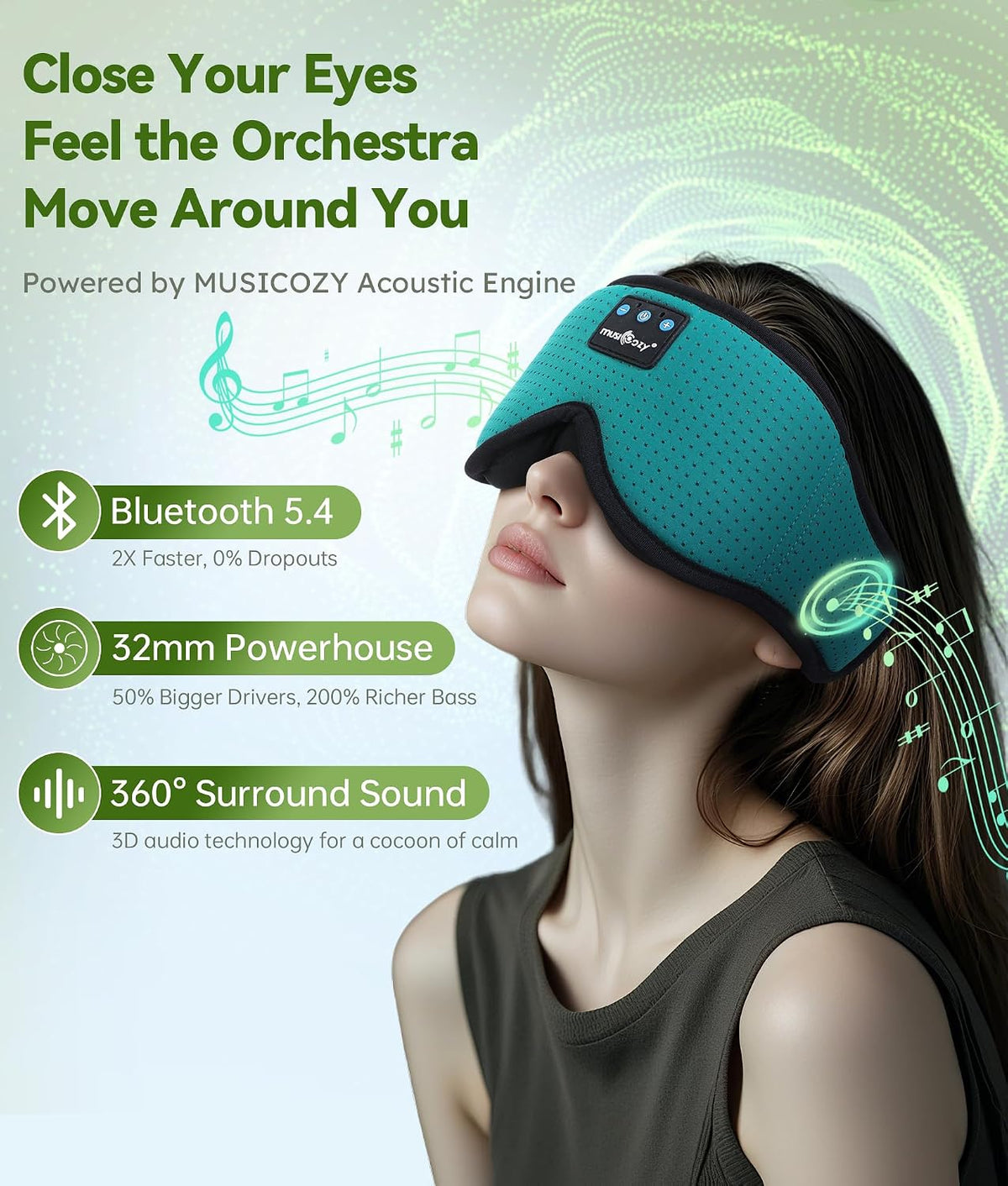 MUSICOZY 3D Sleep Headphones Bluetooth 5.4 Sleep Mask with HD Speakers