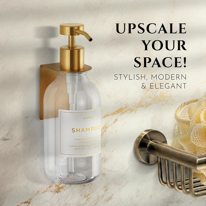 Shower Shampoo Dispenser Wall Mounted – 3 Refillable 16.9 oz Clear Bottles with Stainless Steel Pumps & No-Drill Adhesive Holders – Soap Dispenser Set for Bathroom (3 X Clear/Silver)