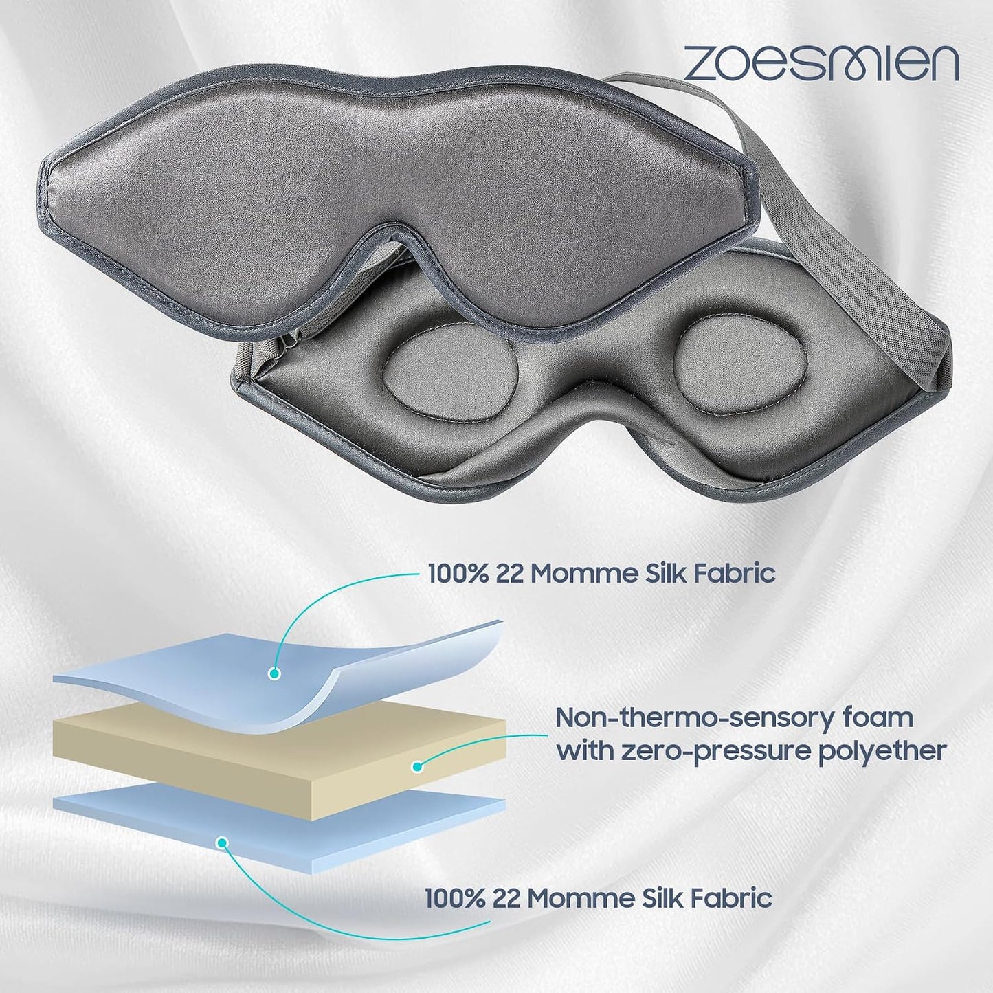 Sleep Mask Silk - 100% Mulberry Silk Eye Mask, ZOESMIEN 3D Contoured Eye Mask for Women Men, Light Blocking Side Sleeper Puffiness Dry Eyes, Unique Nose Bridge Design, Christmas Gift, Night Gray