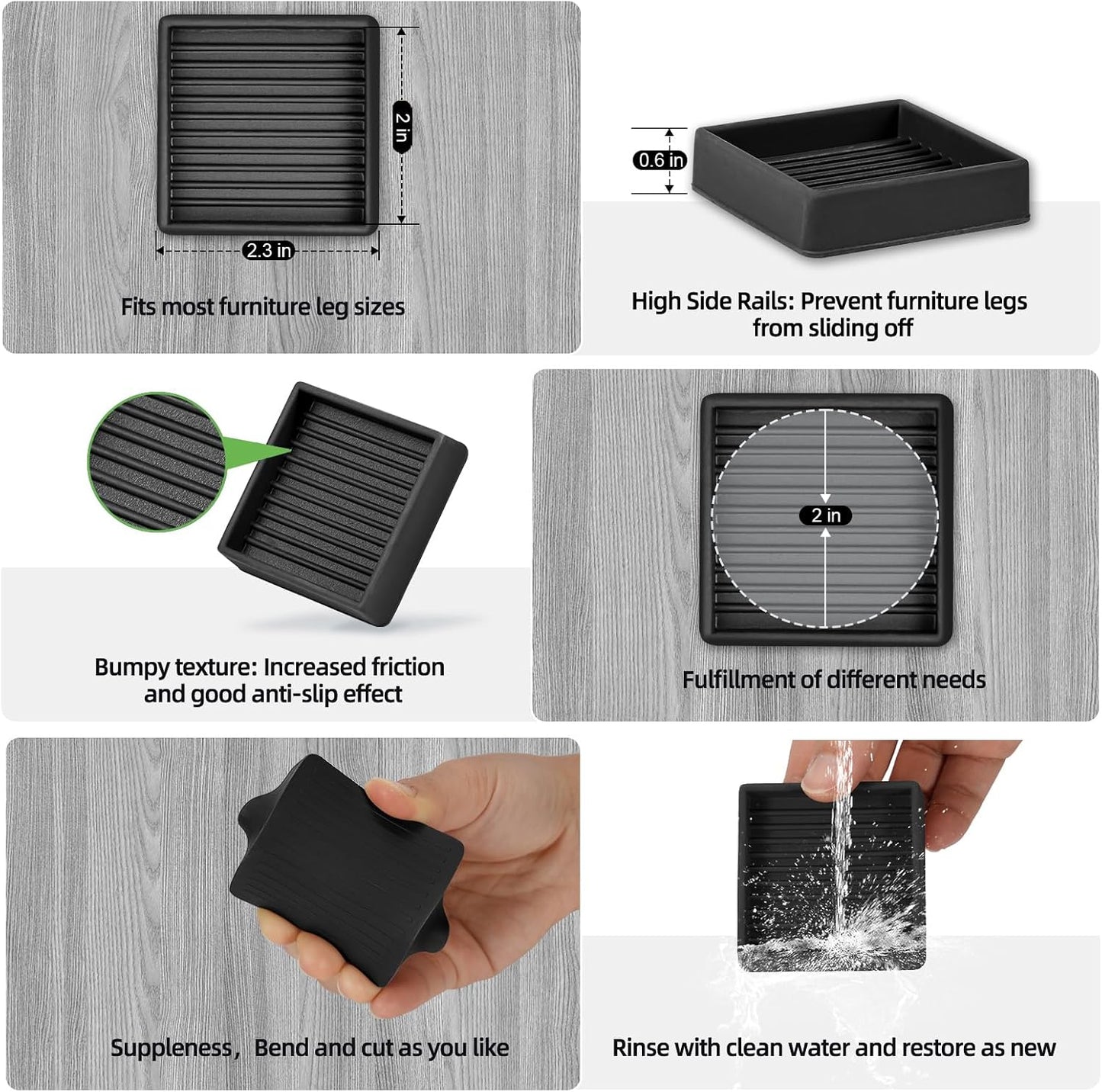 xxxHOLIC Rubber Non Slip Furniture Pads, 2" Black Round, Set of 4 | Furniture Grippers for Hardwood Floors, Anti Skid Caster Cups, Bed Frame & Couch Stoppers, Floor Protectors for Heavy Duty