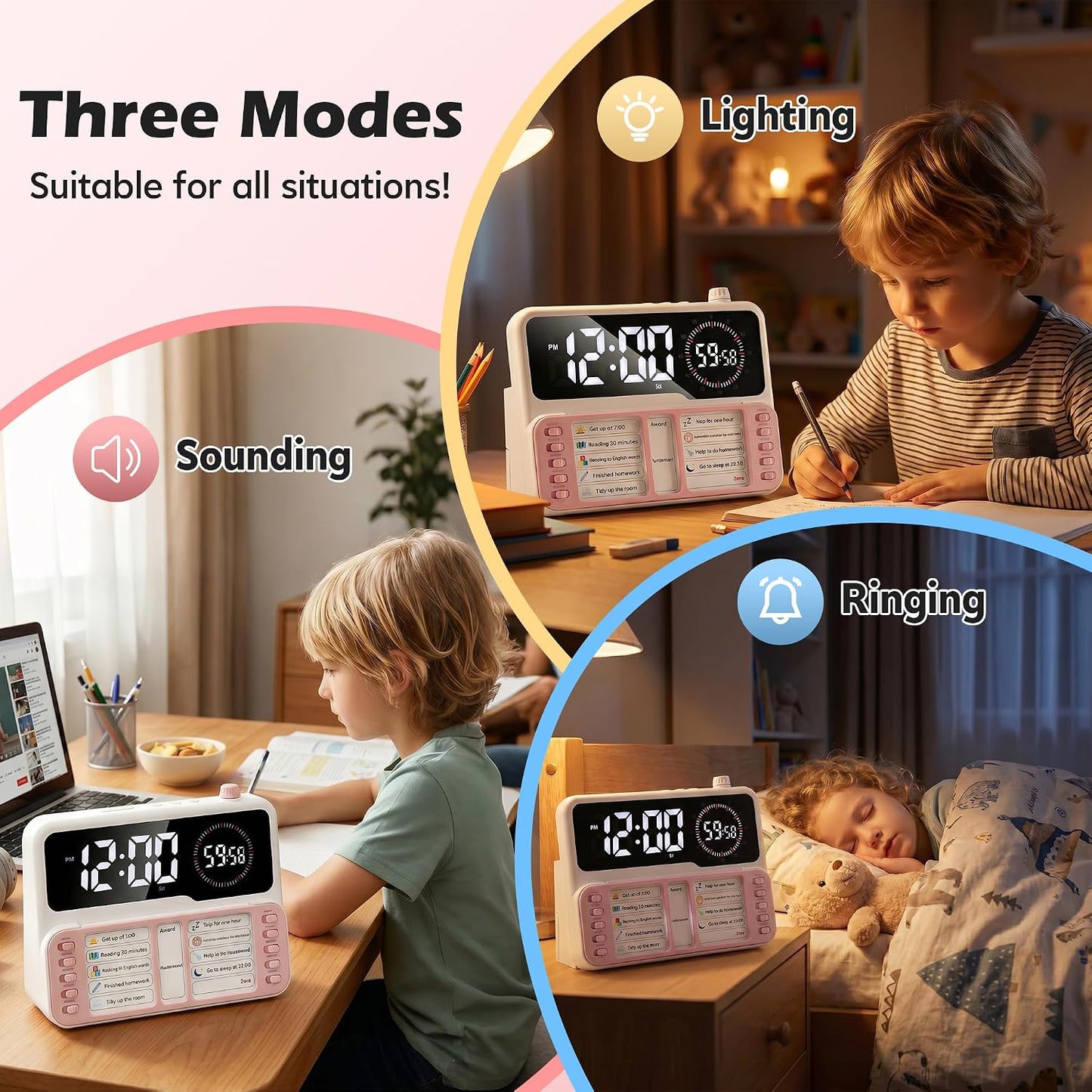Visual Timer for Kids/Adults, ADHD Tools for Kids with Visual Schedule, 6-in-1 Time Timer with Alarm/Countdown/Digital Clock/Chore Chart, Smart Autism/ADHD Task Timer for Home Classroom - Pink