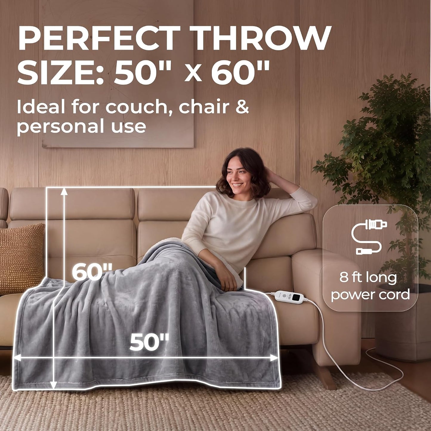 Machine Washable Heated Throw Blanket 50"x60", 8ft Cord, 6 Levels, Electric | Auto Shut Off | Sherpa Heated Throw Blanket for Couch, Sofa & Bed Rapid Heating - Natural, Grey