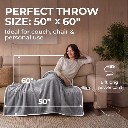 Machine Washable Heated Throw Blanket 50"x60", 8ft Cord, 6 Levels, Electric | Auto Shut Off | Sherpa Heated Throw Blanket for Couch, Sofa & Bed Rapid Heating - Natural, Grey