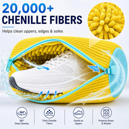 Shoe Washing Machine Bag: Shoes Come Out Clean & Protected during Washing | 2PC Laundry Shoe Bag for Washer and Dryer, Auto-Lock Zipper, Chenille Microfiber Lining, 17 x 7.5 inch, Durable, Yellow
