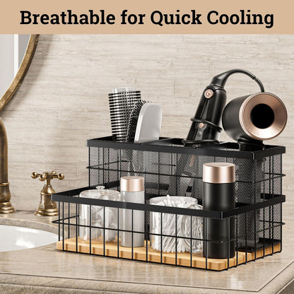 Hair Tool Organizer Countertop, Breathable Metal & Bamboo, Heat-Resistant | No Assembly Required, Removable Baskets, Heat-Resistant Iron, Bamboo Base, Spacious & Breathable Hot Tools Organizer Vanity