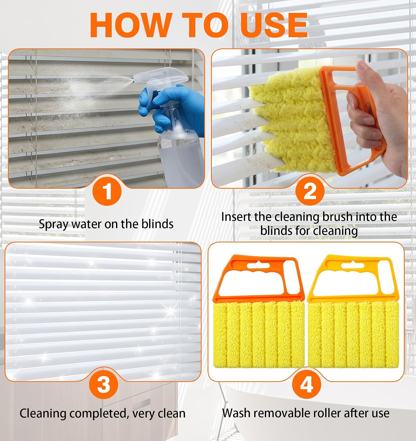 2 Pcs Blind Duster for Wood Blinds, 7-Finger Blind Cleaner Duster Tool | with Microfiber, Effortless Dusting for Tight Slats (Orange and Yellow)