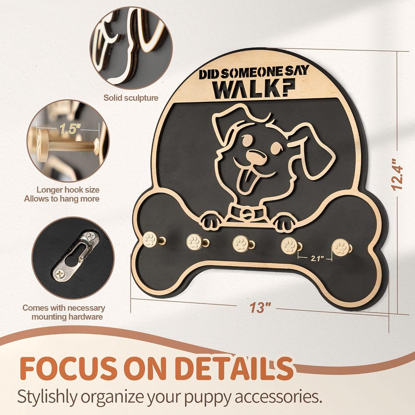 MTERSN Dog Leash Holder Wall Mount with 3D Paws Hooks, Distressed White | Bone-Shaped Dog Leash Holder for Wall, Leash Holder, 5 Dog Leash Hook, Pet Accessories Storage, Gift for Dog Lovers