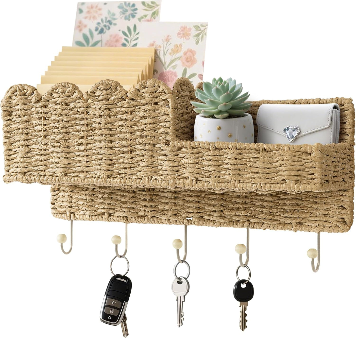 Scalloped Woven Wall Mount Key Holder with 5 Hooks, Decorative Paperstraw Mail Organizer for Entryway, Wave Design Ratten Key Rack, Entryway Organizer, Living Room & Hallway Decor, Natural