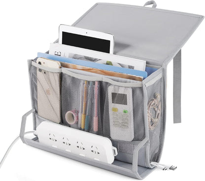Bedside Caddy Organizer for Dorm Bed Rails with 7 Pockets, Gray | Bed Pockets Bedside Storage with Power Strip Holder & 2 Adjustable Straps for Home, College, Dorm, Hospital Bedside Organizer