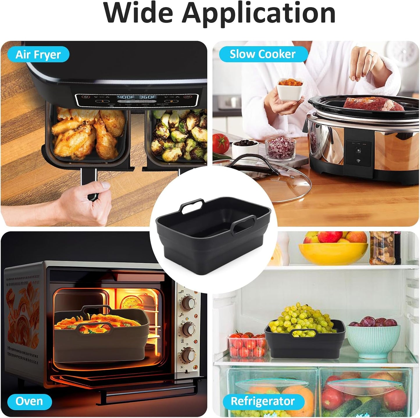 2Pcs Air Fryer Silicone Liners with Magnetic Cheat Sheet, 8-10 QT, Grey | 2 Pack, Reusable, Replacement Basket Bowl, Collapsible Baking Tray, Air Fryer Accessories