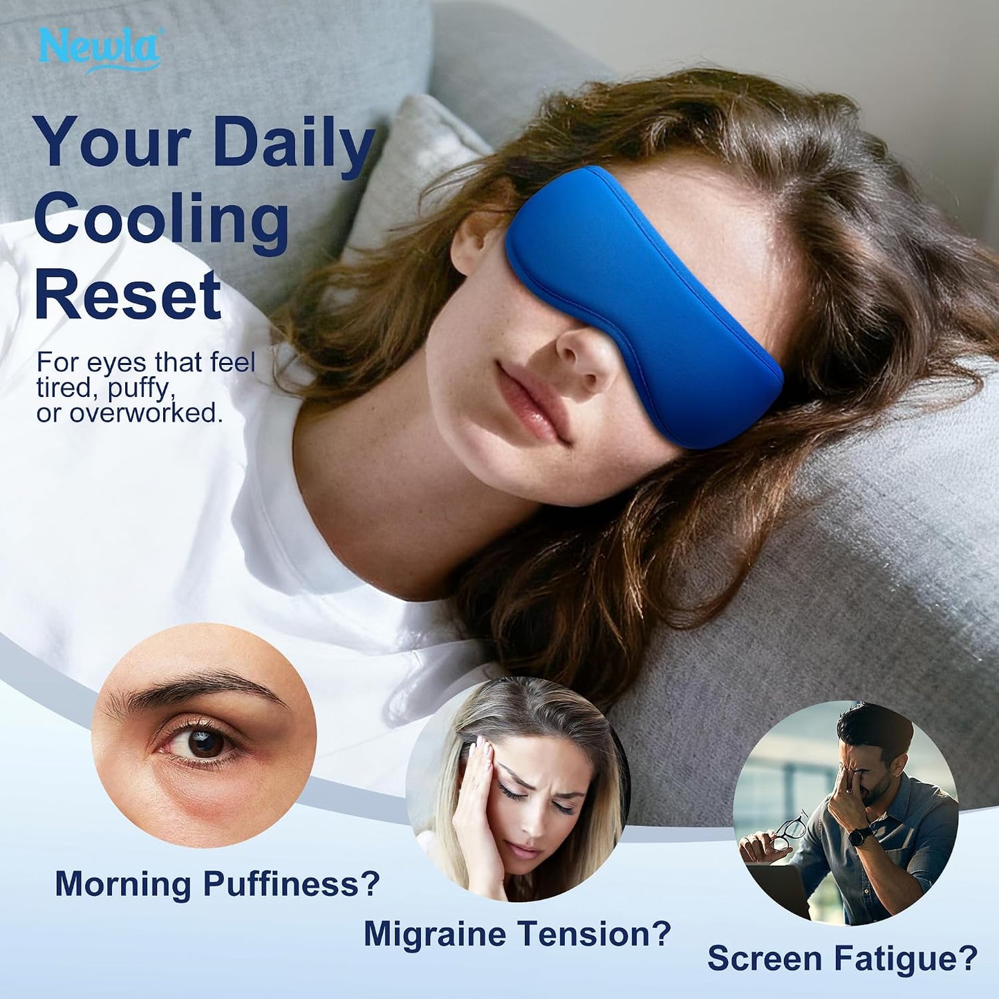 Cooling Gel Eye Mask for Puffy Eyes, Contoured Cold Compress for Eyes, Reusable Cold Eye Mask for Puffiness, Migraine & Tired Eyes, Post Surgery, Ice Gel Pack for Eye Care, Adjustable Strap (Blue)