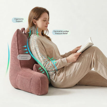 Patented Design Reading Pillow with Arms for Sitting Up, 2-in-1 Bed Rest Pillow with Detachable Lumbar Support, Backrest Support Cushion for Couch with Side Pockets & Handle, Beige Gray