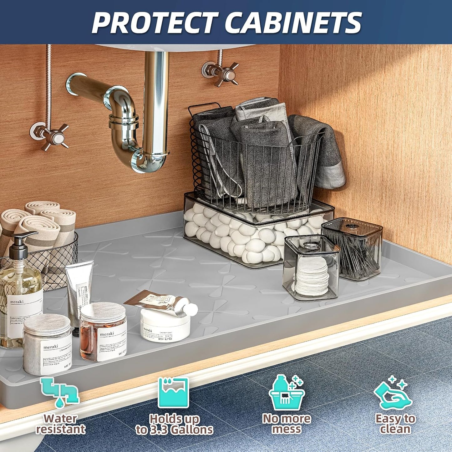 Waterproof Under Sink Mat 34" x 22", Silicone Mat Kitchen liner | BPA-Free Silicone Tray with Raised Lip Protect Cabinets from Leaks, Versatile Home Organizer for Bathroom, Pets, Boots, Floor